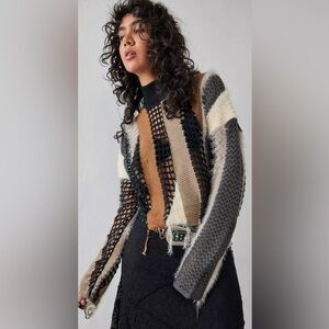 The Ragged Priest Crochet Knit Patchwork Stripe Earth Tone Slouchy Sweater